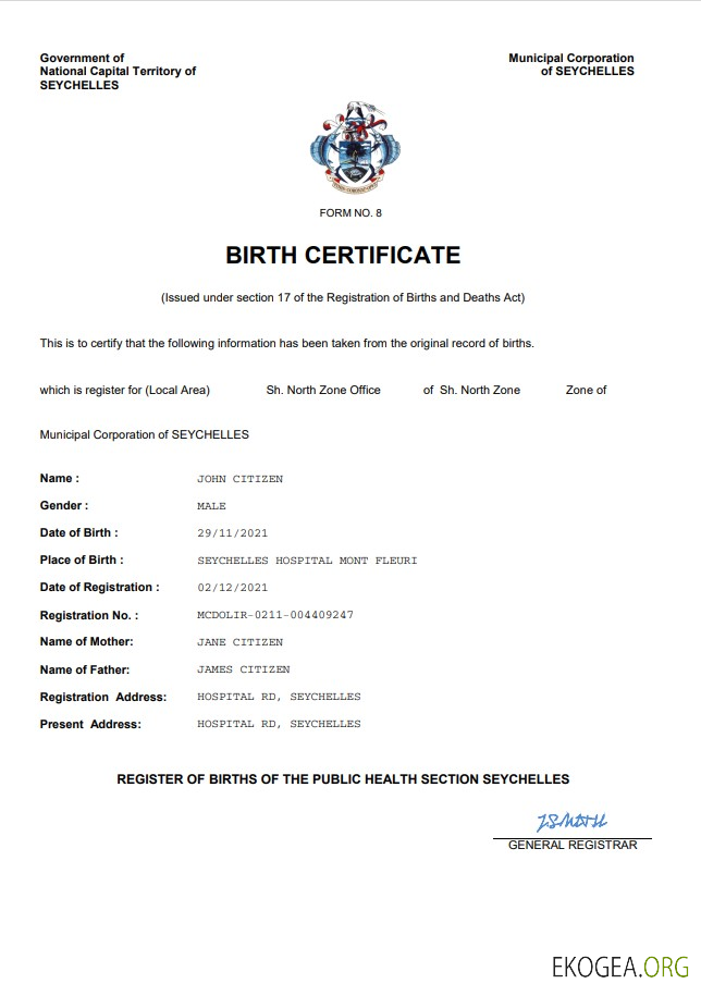 Modèle Word et PDF d'acte de naissance d'acte d'état civil des Seychelles